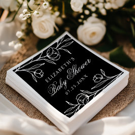 Servilleta De Papel Baby Shower floral blanco y negro esbozado