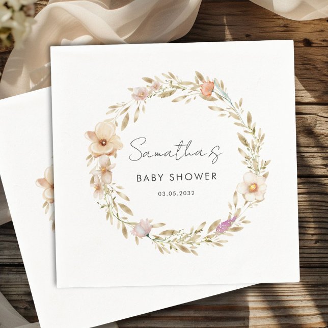 Servilleta De Papel Baby Shower Floral Boho (Boho Flower Baby Shower Custom Napkins with your Name & Date. For Baby Girl & Baby Boy.)