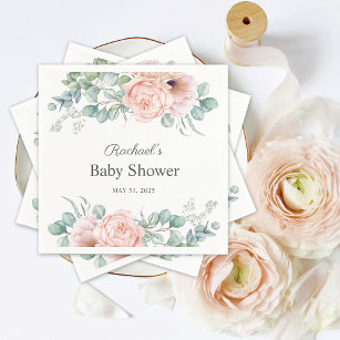 Servilleta De Papel Baby Shower floral color rosa y beige