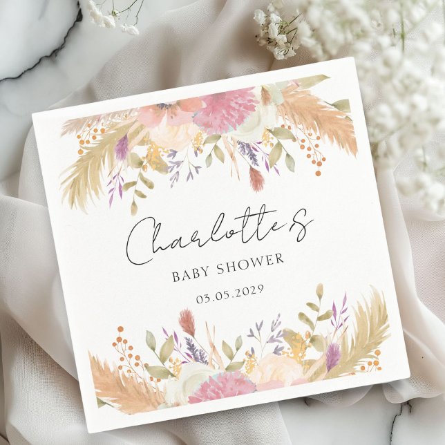 Servilleta De Papel Baby Shower floral moderno (Elegant, modern, floral, pastel tones, baby shower napkin with your name and date.)