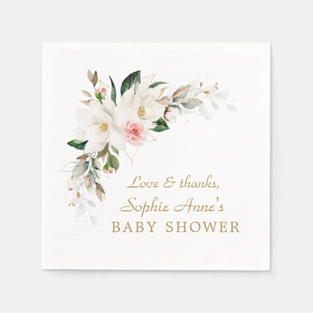Servilleta De Papel Baby Shower floral rosa de lujo de Magnolia blanca (Anverso)