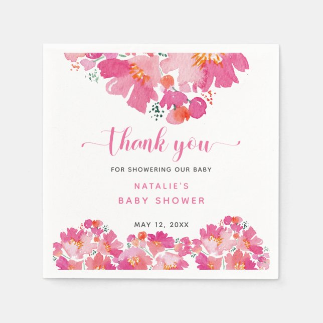 Servilleta De Papel Baby Shower floral rosado en acuarela floreciente (Anverso)