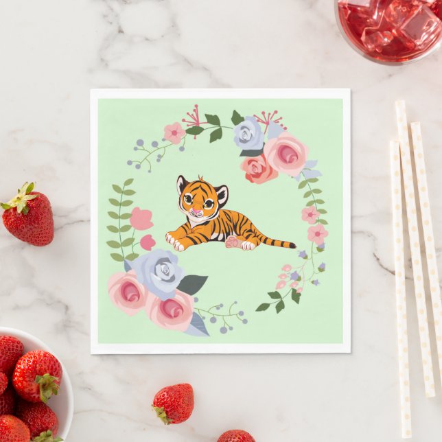 Servilleta De Papel Baby Shower floral Tiger Cub (In situ)
