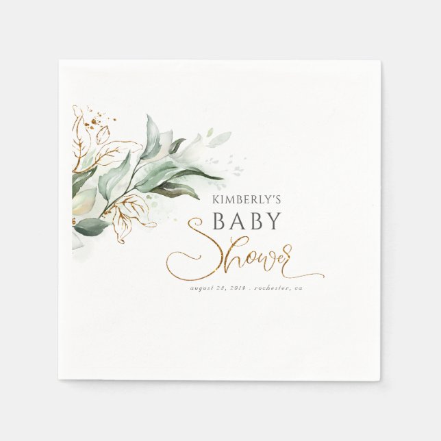 Servilleta De Papel Baby Shower Gold Eucalyptus Greenery (Anverso)