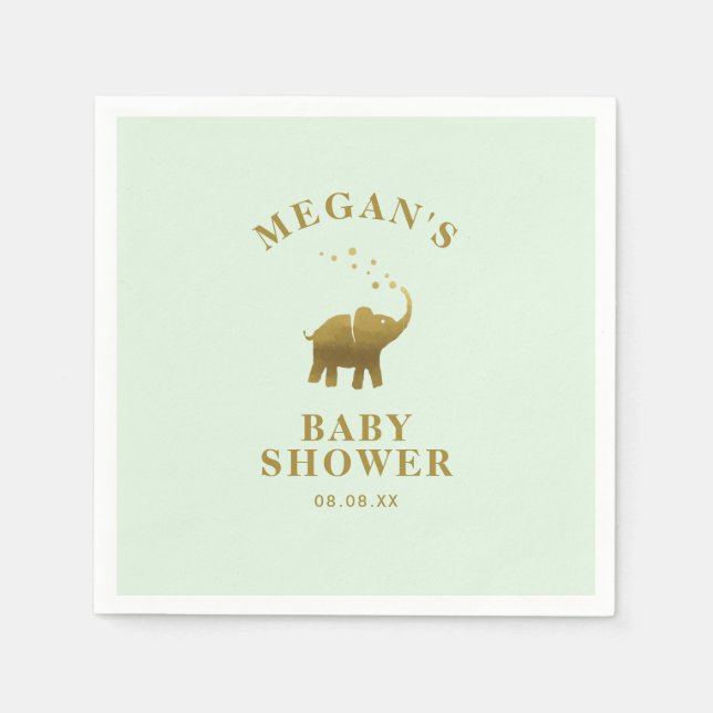 Servilleta De Papel Baby Shower Golden Elephant Mint Green (Anverso)