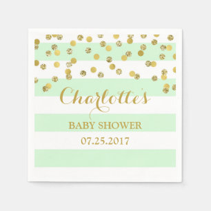 Servilleta De Papel Baby Shower Mint Green Stripes Gold Confetti