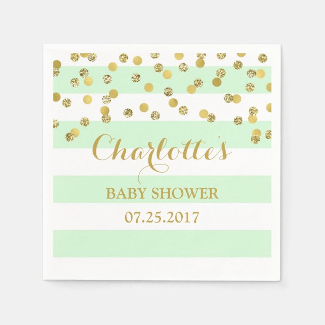 Servilleta De Papel Baby Shower Mint Green Stripes Gold Confetti (Anverso)