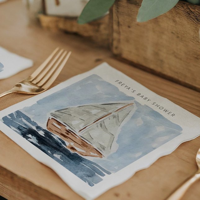 Servilleta De Papel Baby Shower Nautical (Blue nautical watercolor sailboat modern baby shower personalized napkins.)