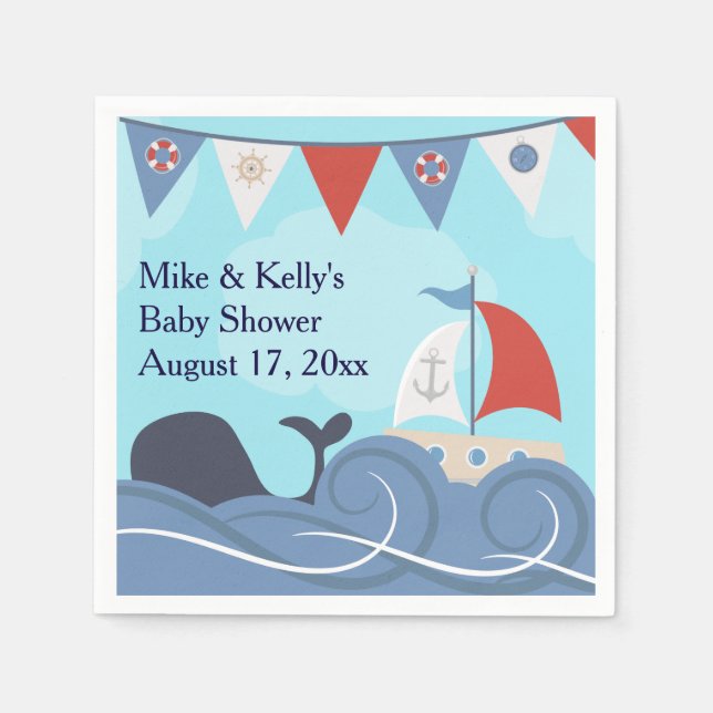Servilleta De Papel Baby Shower Nautical Sailboat Beach Ocean Whale (Anverso)