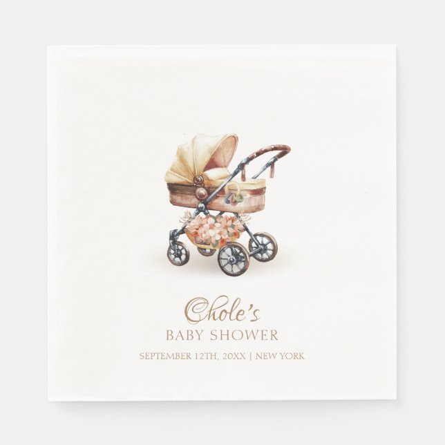 Servilleta De Papel Baby Shower Neutral Boho Floral Stroller de Género (Anverso)