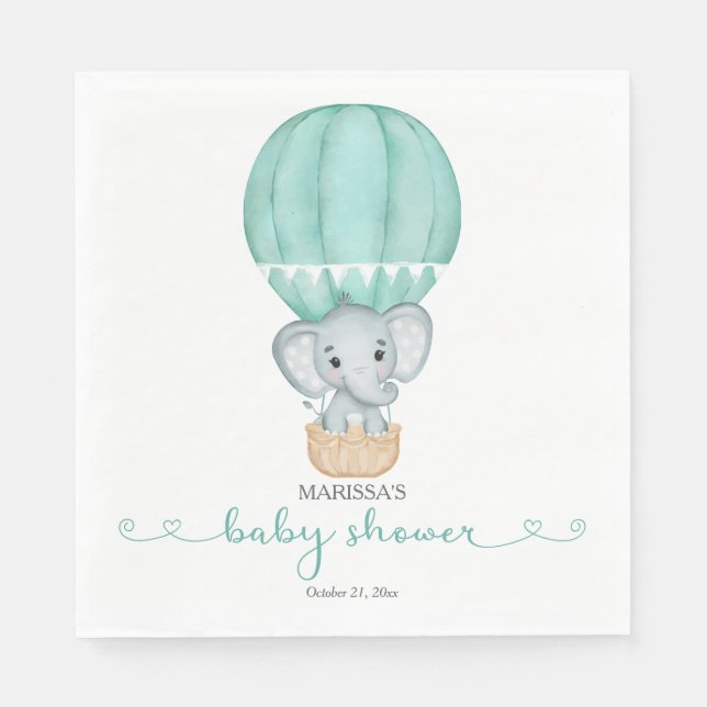 Servilleta De Papel Baby Shower neutral de género de elefante verde (Anverso)