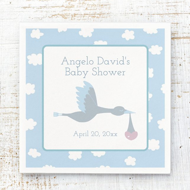 Servilleta De Papel Baby Shower para Boy Stork con cielo azul y nubes (Baby Shower Napkin Stork)