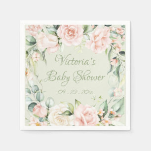 Servilleta De Papel Baby Shower personalizado con flor verde rosada