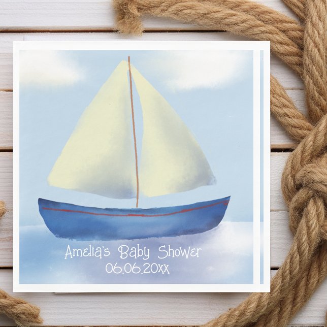 Servilleta De Papel Baby Shower personalizado de barco de vela azul (Ship Ahoy- It's a boy! Whimsical blue sailboat baby shower paper napkins.)