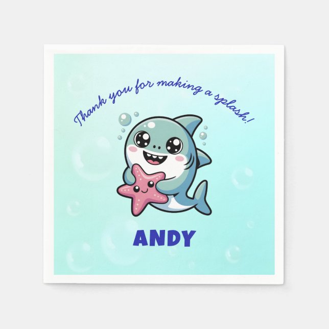 Servilleta De Papel Baby Shower personalizado del tiburón kawaii (Anverso)