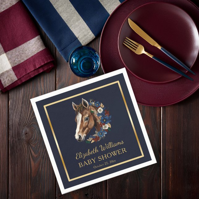 Servilleta De Papel Baby Shower Preppy Equestrian Foal Floral (Charming Classic Preppy Equestrian Foal and Floral Wreath Navy Blue Boy Baby Shower Paper Napkins)
