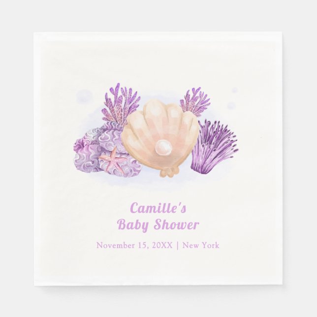 Servilleta De Papel Baby Shower Purple Retro Pearl Seashell (Anverso)