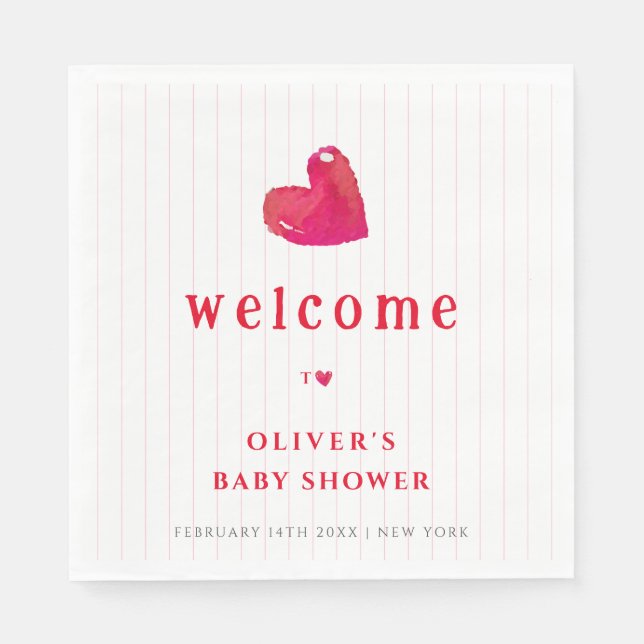 Servilleta De Papel Baby Shower Red Minimal Heart Stripe (Anverso)