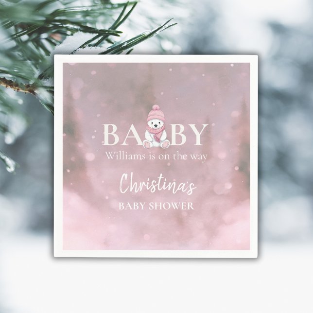 Servilleta De Papel Baby Shower rosa de oso de invierno suave (Subido por el creador)