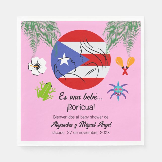 Servilleta De Papel Baby Shower rosado Chica boricua de Puerto Rico (Anverso)