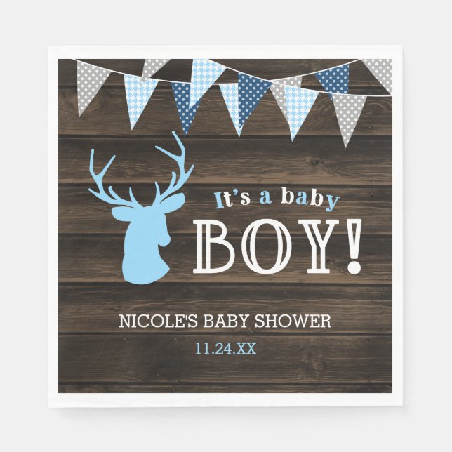 Servilleta De Papel Baby Shower Rustic Wood Blue Deer Boy (Anverso)