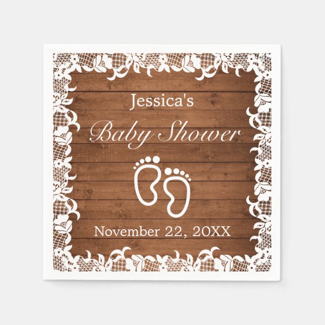 Servilleta De Papel Baby Shower Rustic Wood & White Lace (Anverso)