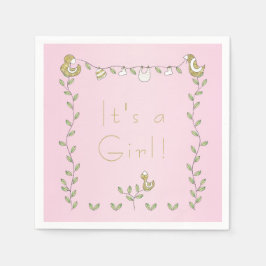 Servilleta De Papel Baby Shower Standard Napkin PINK "Gold Birds"