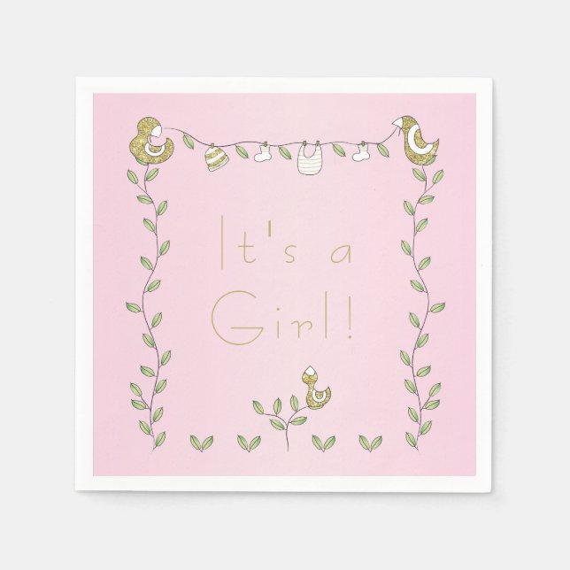 Servilleta De Papel Baby Shower Standard Napkin PINK "Gold Birds" (Anverso)