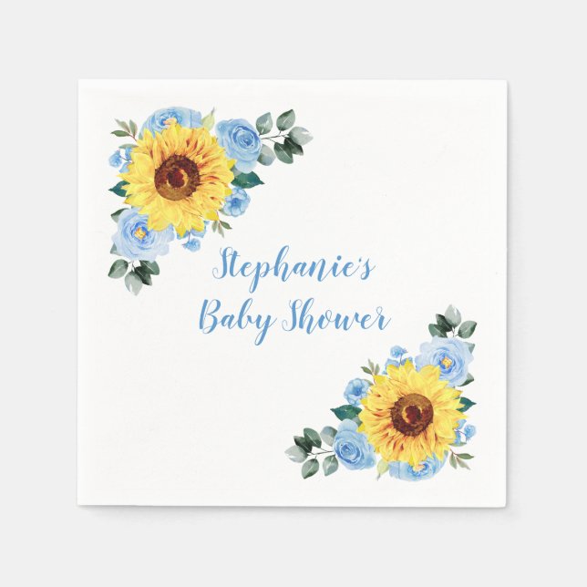 Servilleta De Papel Baby Shower Sunflower Dusty Blue Personalizado (Anverso)