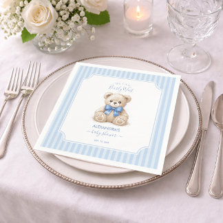 Servilleta De Papel Baby Shower Teddy Bear & Blue Stripes Bearly Wait