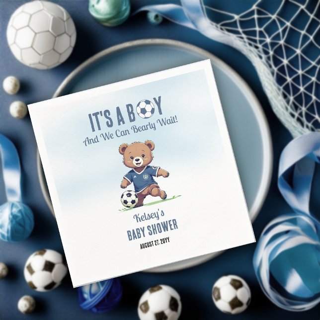 Servilleta De Papel Baby Shower, un jugador de fútbol que espera a un  (Cute Blue "It's A Boy and We Can Bearly Wait!" Teddy Bear Soccer Player Boy Baby Shower Napkins)