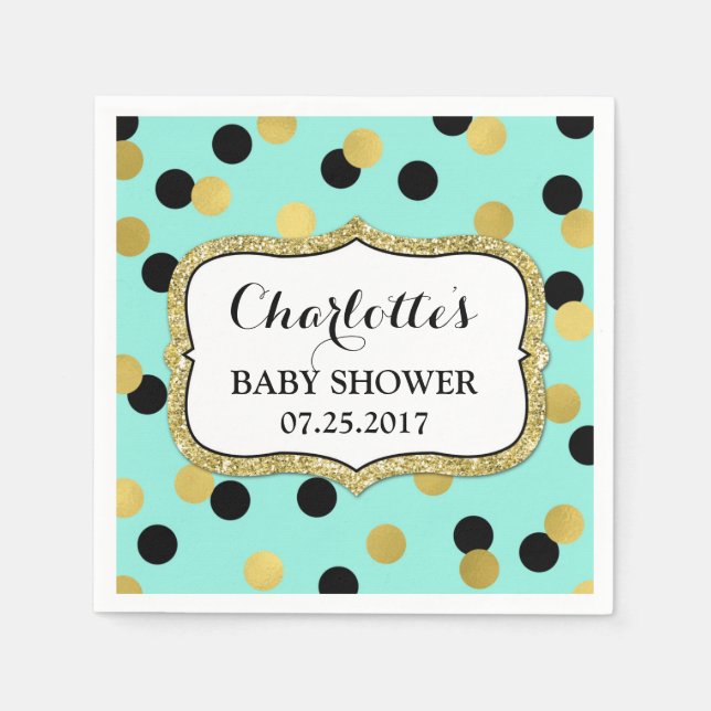 Servilleta De Papel Baby Shower verde azulado Black Gold Confetti (Anverso)