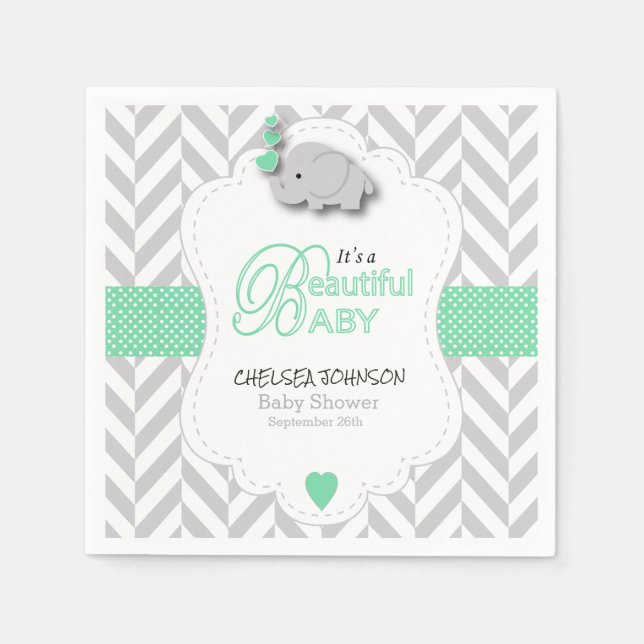 Servilleta De Papel Baby Shower verde, blanco y gris (Anverso)