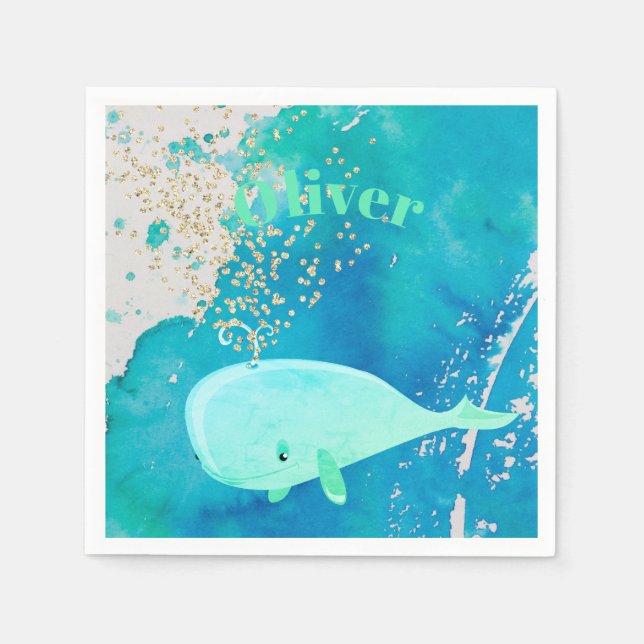 Servilleta De Papel Baby Shower Whale Sparkle Blue Nautical Personal (Anverso)