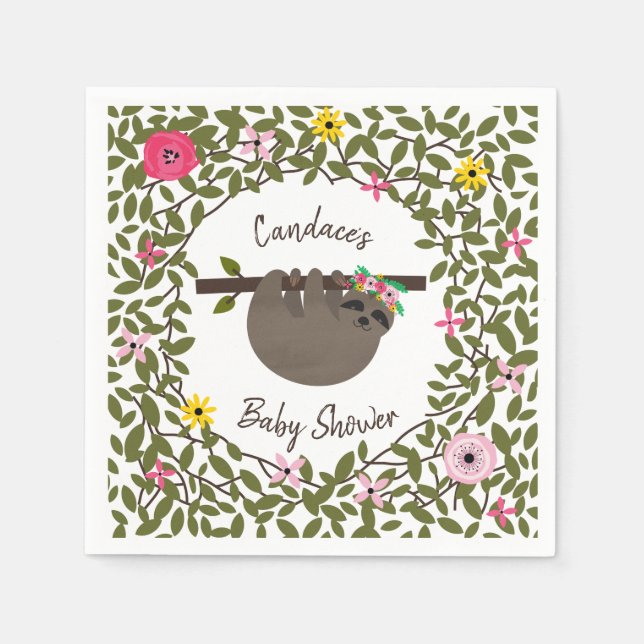 Servilleta De Papel Baby Sloth Floral Greenery Baby Shower (Anverso)