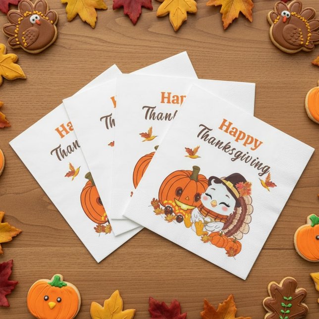 Servilleta De Papel Baby Turkey And Pumpkin Celebrating Thanksgiving  (Subido por el creador)