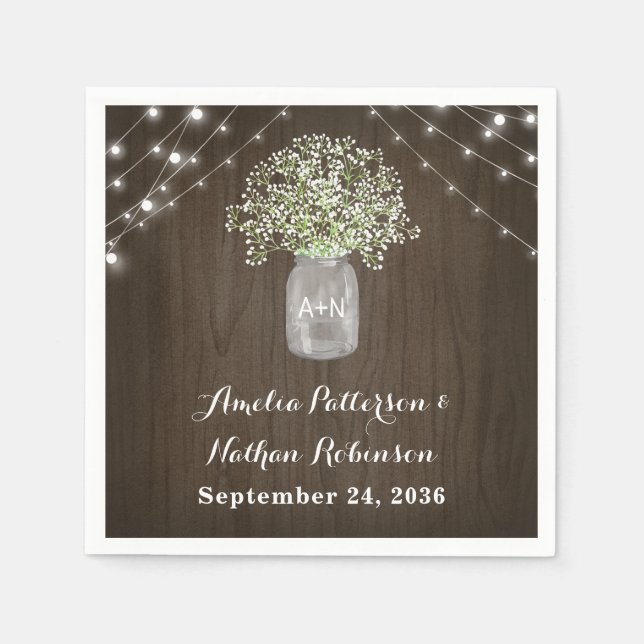 Servilleta De Papel Babys Breath Mason Jar Rustic Fairy Lights Boda (Anverso)
