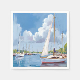 Servilleta De Papel Bahía de Barcos de Vela   Pintura Acuarela Costera