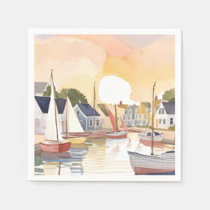 Servilleta De Papel Bahía de Barcos   Pintura en Acuarela de Océano Co