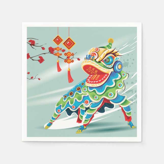 Servilleta De Papel Bailarín de leones azules de Año Nuevo chino (Anverso)