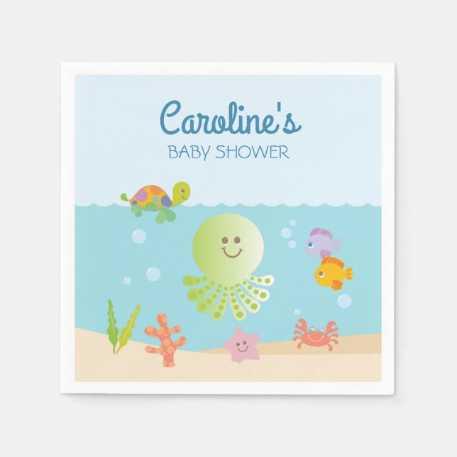 Servilleta De Papel Bajo el mar Baby Shower en azul y verde (Anverso)
