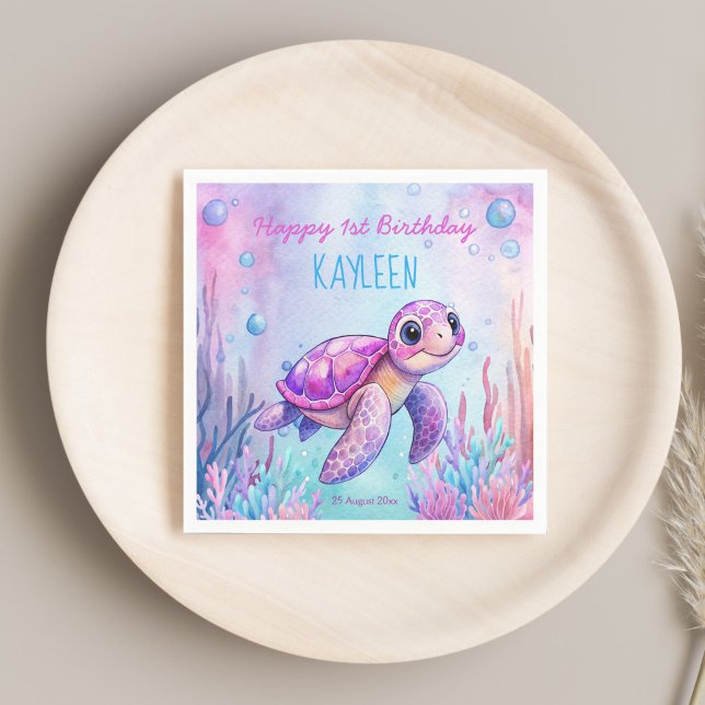 Servilleta De Papel Bajo el mar, la bella tortuga rosa púrpura cumplea (Under the sea cute turtle pink purple girls birthday party personalized napkins table decor)