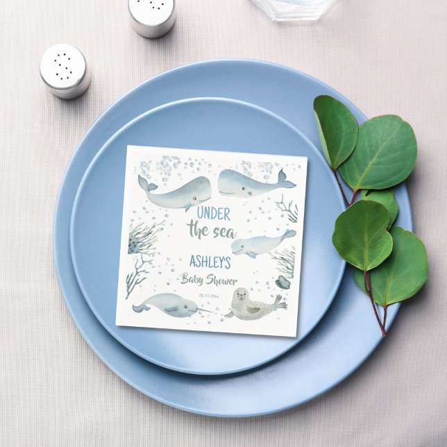 Servilleta De Papel Bajo el mar, se imprime una ducha de bebé (Under the sea dusty blue pastel boy baby shower printed napkins personalized table decor)