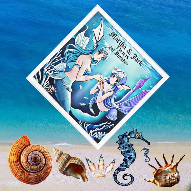 Servilleta De Papel Bajo las sirenas del mar, cumpleaños de los gemelo (Under The Sea Mermaids Blue Water Twins Birthday Napkins)