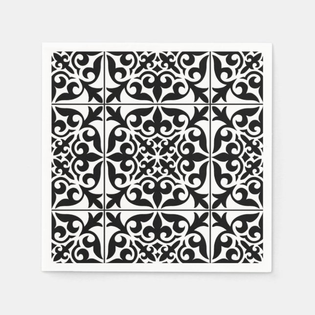 Servilleta De Papel Baldosa marroquí - blanco con fondo negro (Anverso)