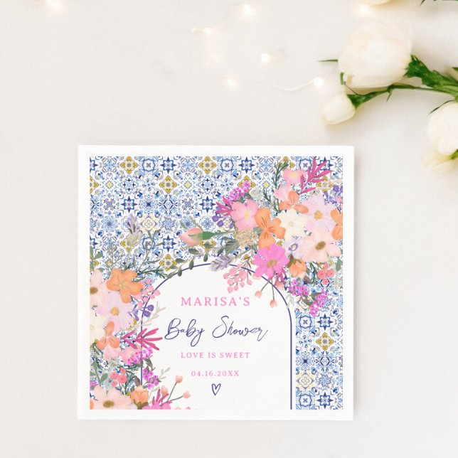 Servilleta De Papel Baldosas azules acuarela flores silvestres bebé (Blue tiles watercolor wildflowers baby shower napkins)