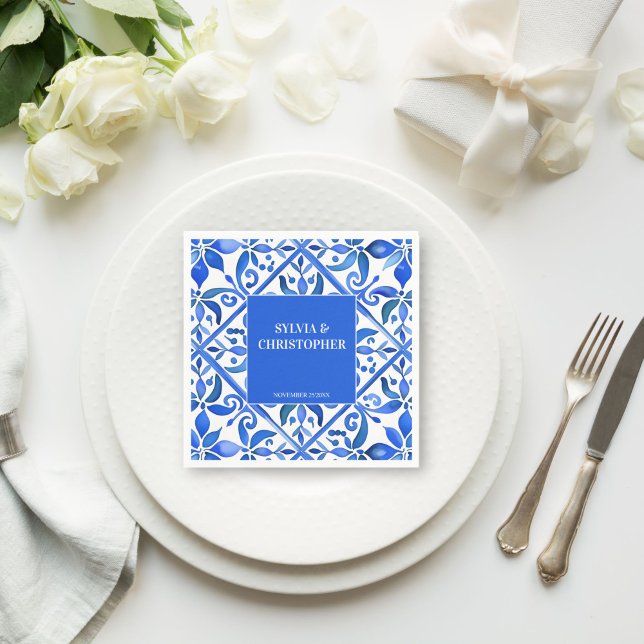 Servilleta De Papel Baldosas azules azules de Talavera Azul en un solo (Blue Talavera Spanish tiles personalized monogram printed wedding Napkins template table decor)