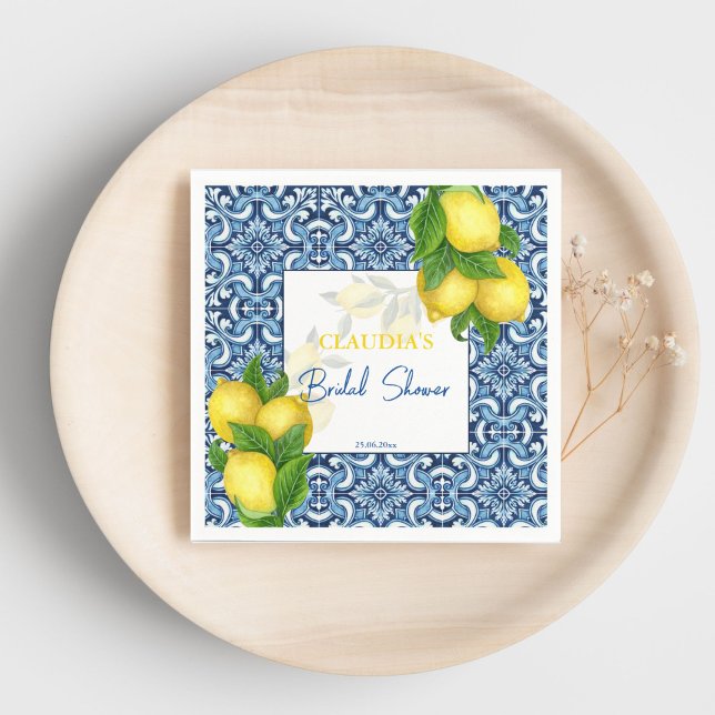 Servilleta De Papel Baldosas azules y personalizadas para despedida de (Blue tiles and lemon Amalfi bridal shower custom Napkins personalized bridal shower tableware)