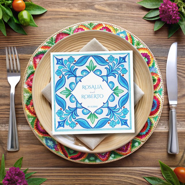 Servilleta De Papel Baldosas de Aqua Blue Talavera monogramadas boda (Aqua Blue Talavera tiles monogrammed wedding Napkins template vintage Mexican wedding table decor)