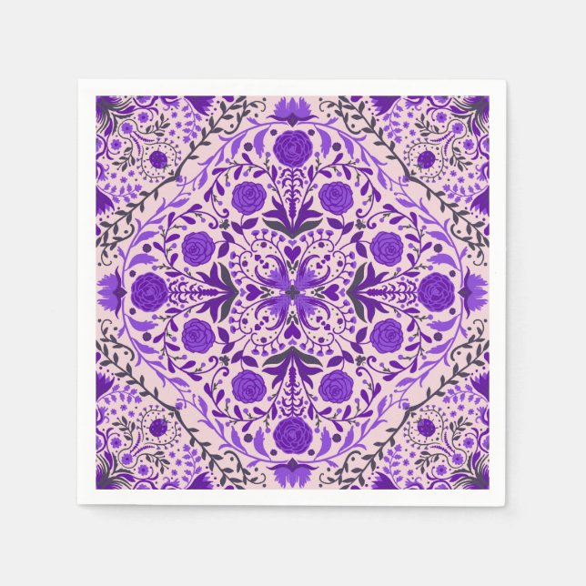 Servilleta De Papel Baldosas florales en rosa violeta y algodón (Anverso)
